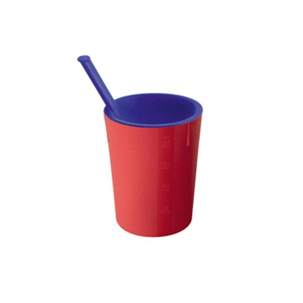 Trinkbecher mit langer Tülle, blau/ rot, Kunststoff gaduiert bis 200 ml (Stück)