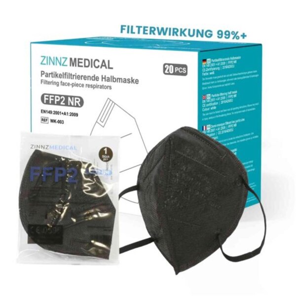 Zinnzmedical FFP2 Atemschutzmaske CE0598 Schwarz (Box a 20 Stück)